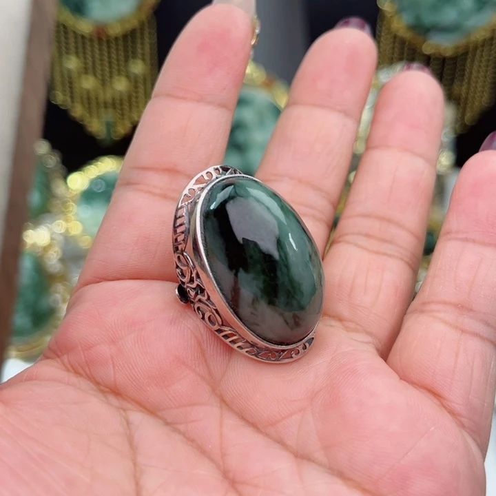 透闪石-蛇纹石玉戒指银S925镶嵌?