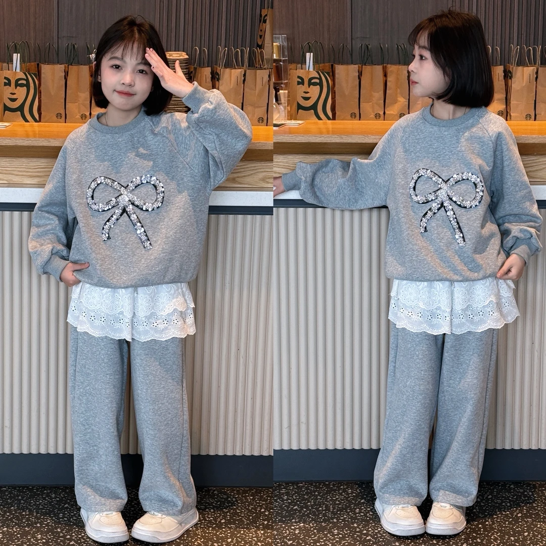 (120-170）春季新款儿童蕾丝花边蝴蝶结卫衣休闲宽松韩版洋气套装