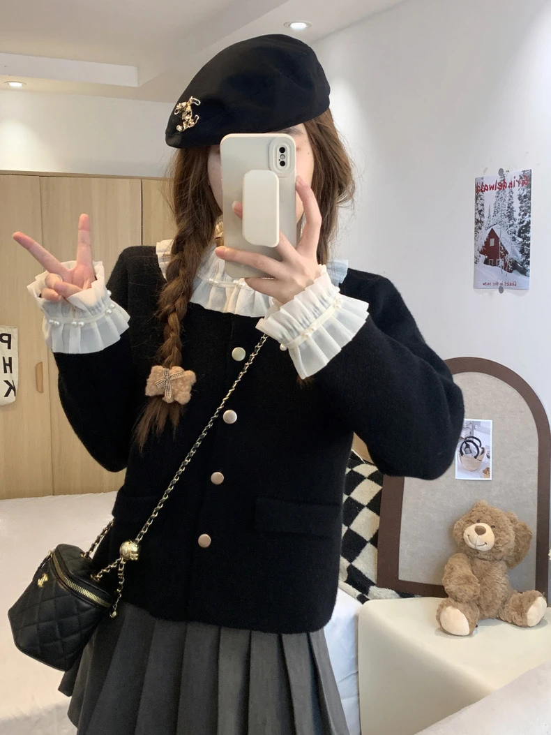 030法式小香风花边拼接针织开衫女秋冬季新款温柔气质短外套上衣