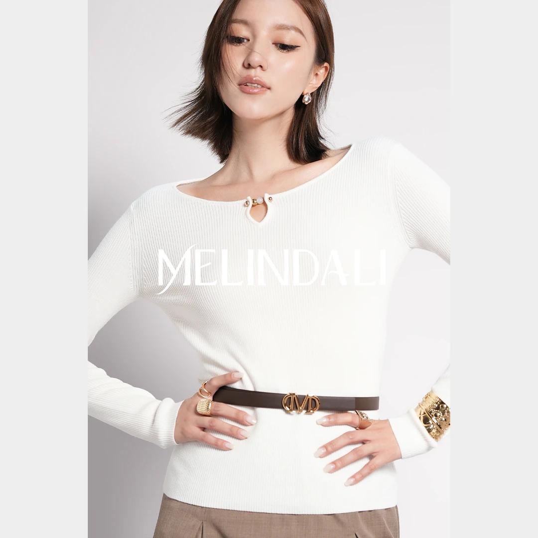 Melinda Li【宝石衫】绵羊毛水滴圆珠坑条修身显瘦套头长袖针织衫
