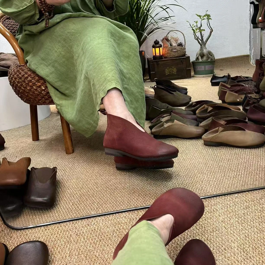 原创手工真皮单靴文艺复古平底软底女鞋舒适休闲圆头一脚蹬妈妈鞋