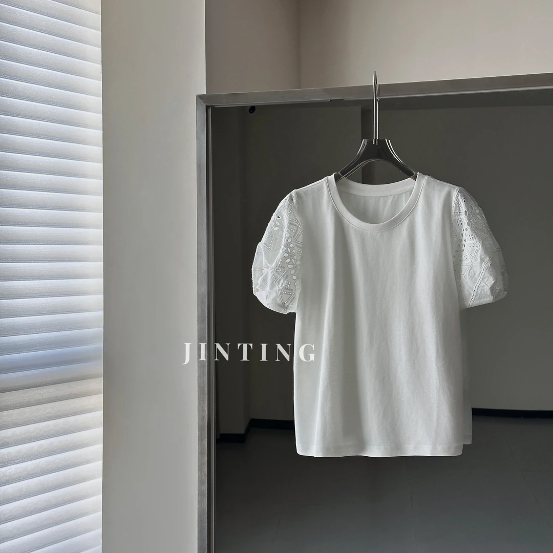夏季钩花镂空蕾丝拼接气质百搭圆领纯棉短袖T恤-L25221315