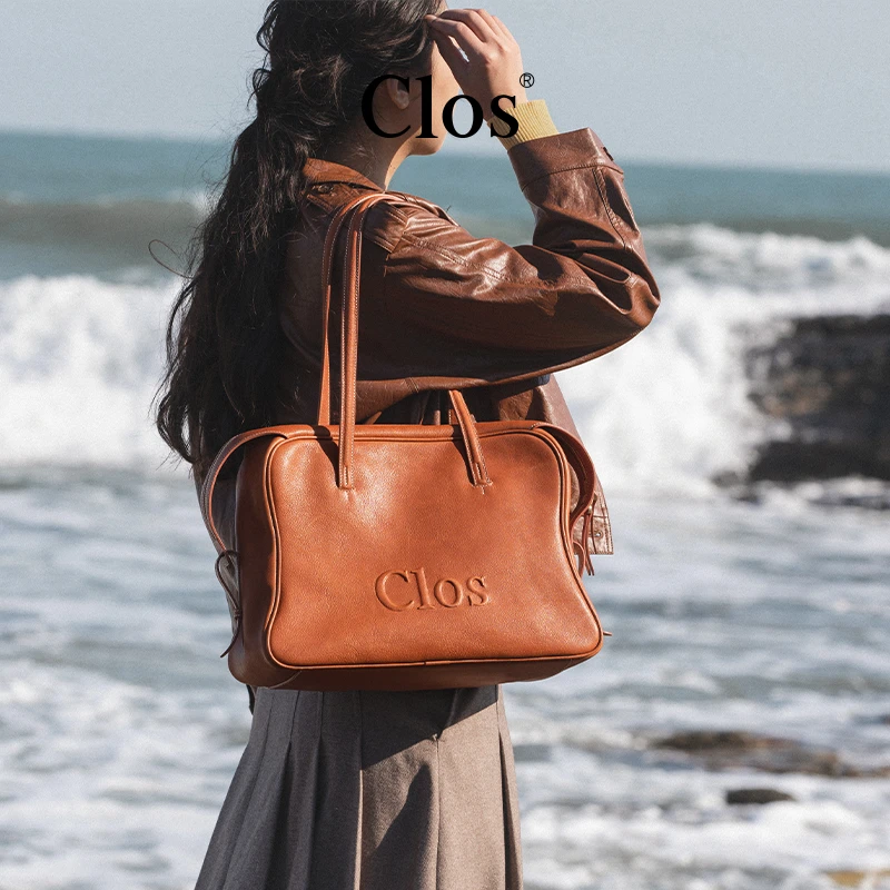 Clos Pamperly波士顿包大号植鞣头层牛皮单肩手提包公文包腋下包