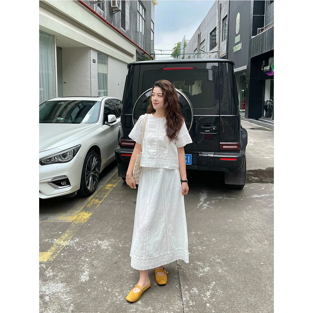 WenWen小个子镂空刺绣钩花短袖花边上衣+百搭半身裙两件套4052