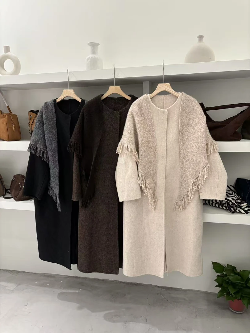 524新款慵懒风围巾双面羊绒呢子大衣女中长款毛呢外套韩版宽松
