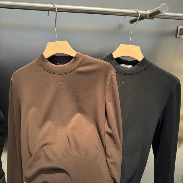 高品质男士中领山羊绒加厚拉绒刺绣长袖打底