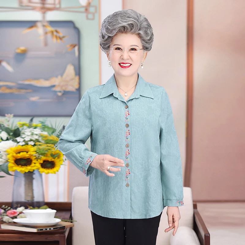 提花刺绣棉麻小衫春夏装九分袖开衫衬衣中老年洋气妈妈装女士衬衫
