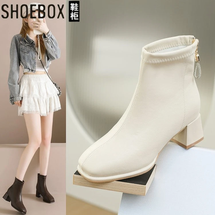 鞋柜粗跟套筒方头短靴冬季短靴子百搭明星同款网红鞋子