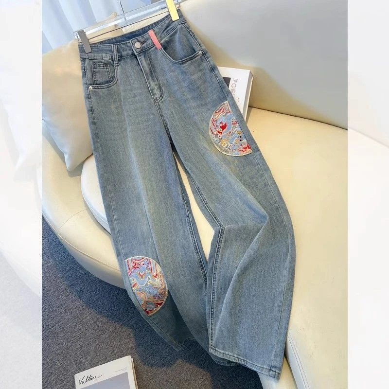 刺绣新中式国风宽松阔腿牛仔裤女春秋新款高腰显瘦百搭直筒裤