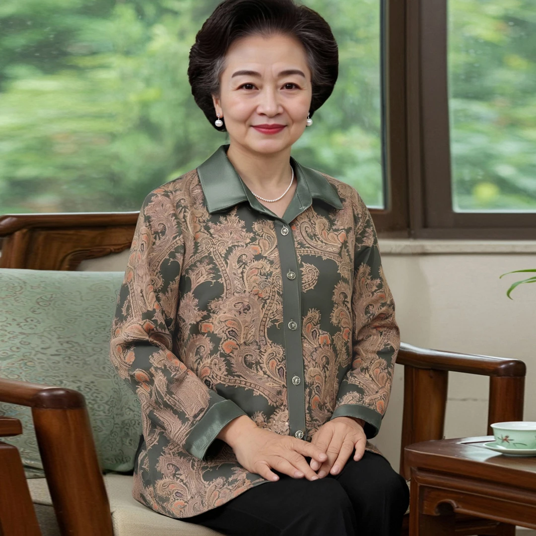 2025秋季新款婆婆长袖衬衫妈妈装春秋天宽松薄外套衬衣老太太衣服