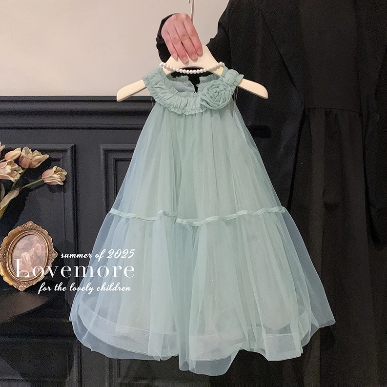 2025夏“花与爱丽丝”女童气质公主无袖玫瑰花网纱蓬蓬裙25X009