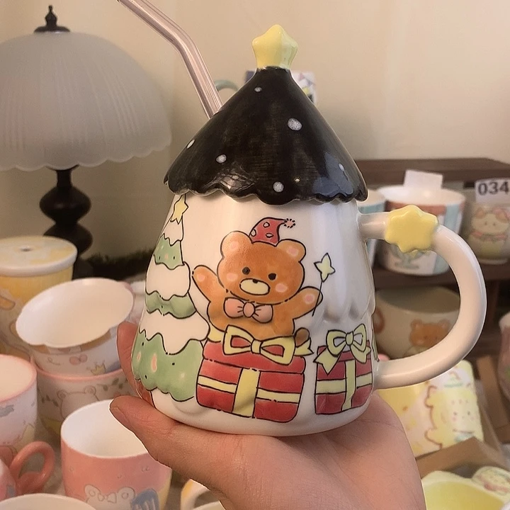 圣诞树小熊水杯带盖