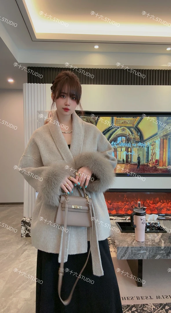 【都柏林1.0】新款双面羊毛大衣女真狐狸毛皮草高级感斗篷毛呢外套