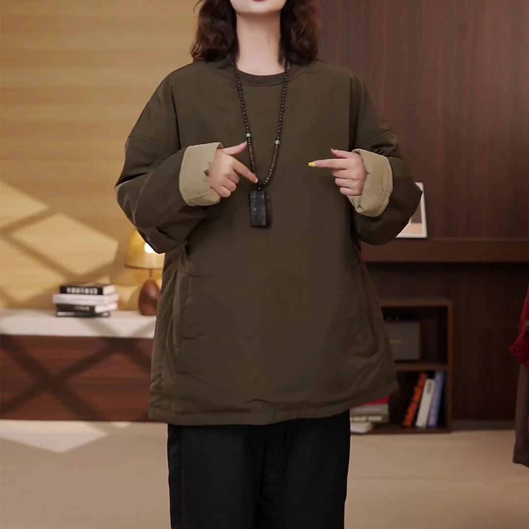 洋气显瘦中长款圆领撞色棉服2025秋冬新款时尚韩版百搭双面穿上衣