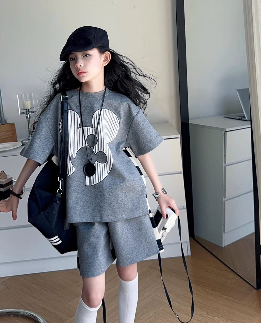 【酷哒仔】女童后背条纹短袖上衣短裤两件套装2025夏季卡通印花套装