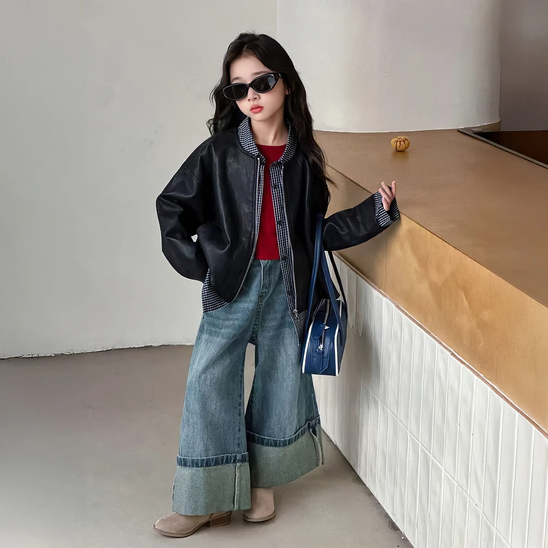 女童外套秋款2025秋季新款洋气复古潮酷假两件皮衣女孩超好看秋装