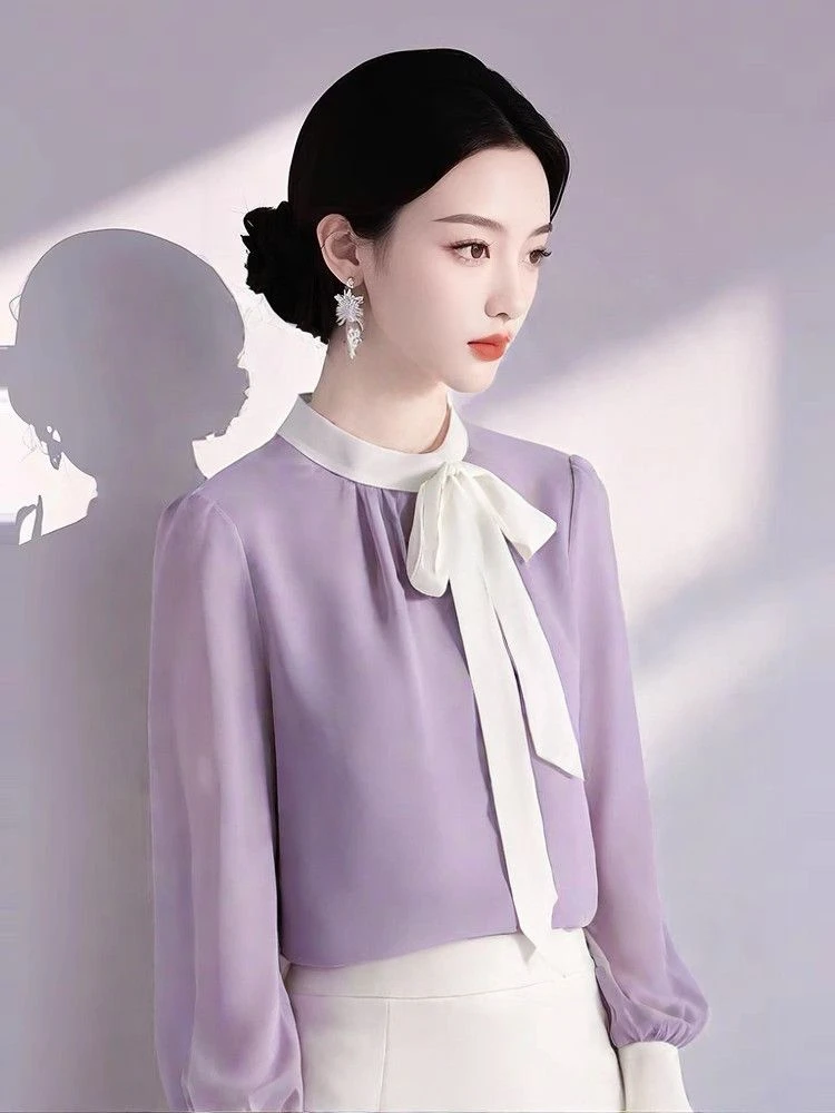 法式蝴蝶结衬衫女装长袖春秋季新款宽松紫色雪纺上衣别致漂亮小衫