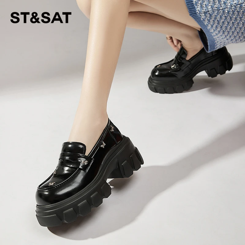 星期六真皮乐福鞋学院风蝴蝶小皮鞋2025秋季新款厚底增高黑色单鞋