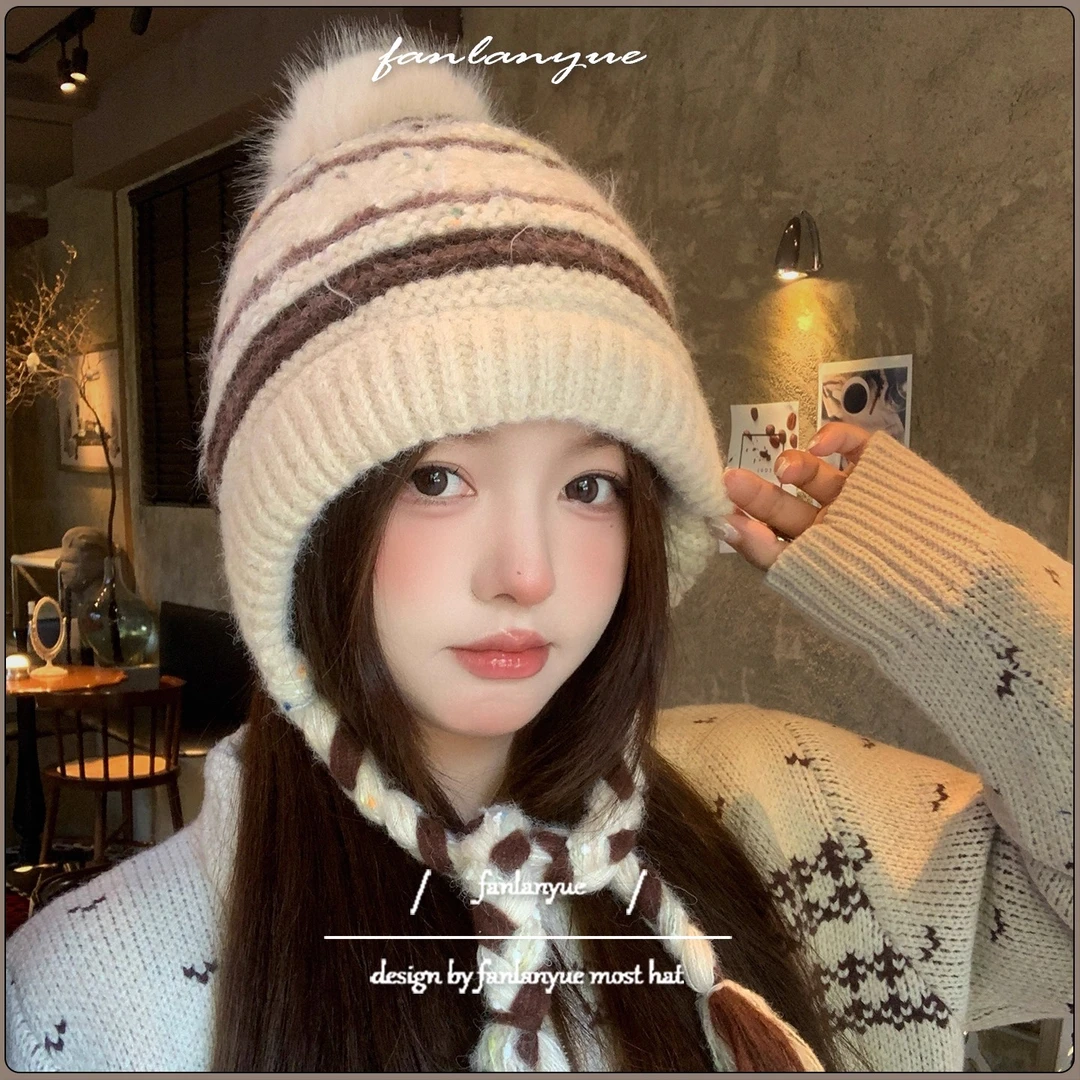 费尔岛风毛球针织帽女秋冬软糯加绒保暖护耳毛线帽东北防寒雷锋帽
