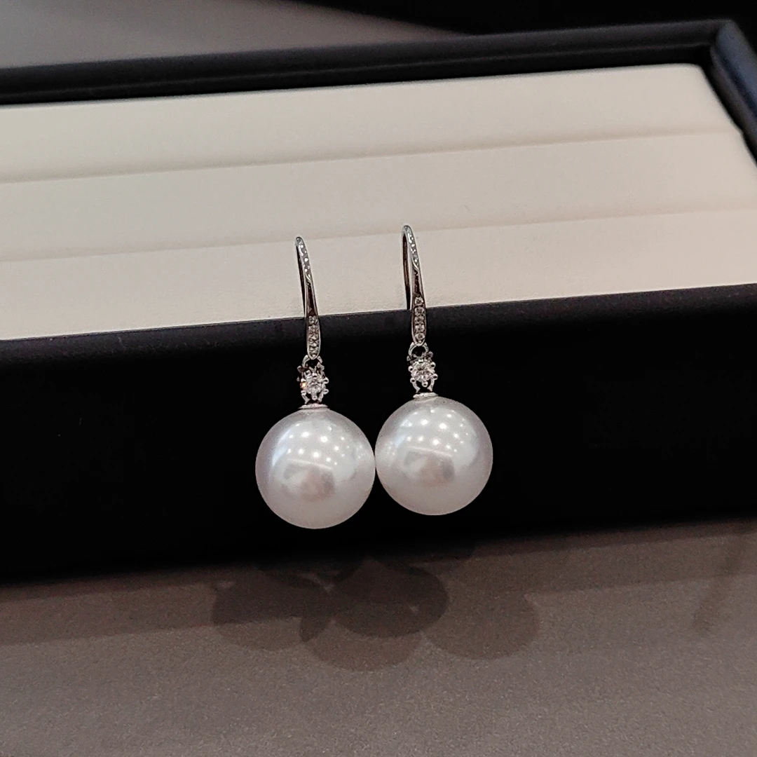 925银耳饰 S925银经典款白珠14MM轻奢百搭简约强光优雅气质耳钩