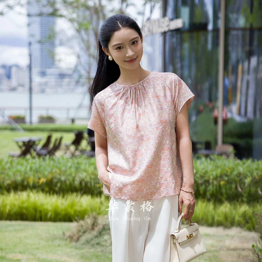 华裳格【步步生莲】新中式圆领斜襟显瘦单丝罗可水洗上衣HS1589