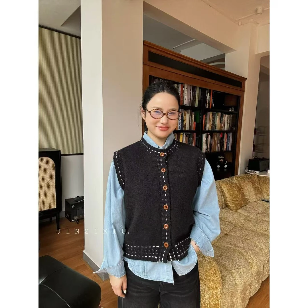 【JINZIXIU】• 黑豆和黄油 • ins泡菜春季新款撞色设计开衫套头马甲