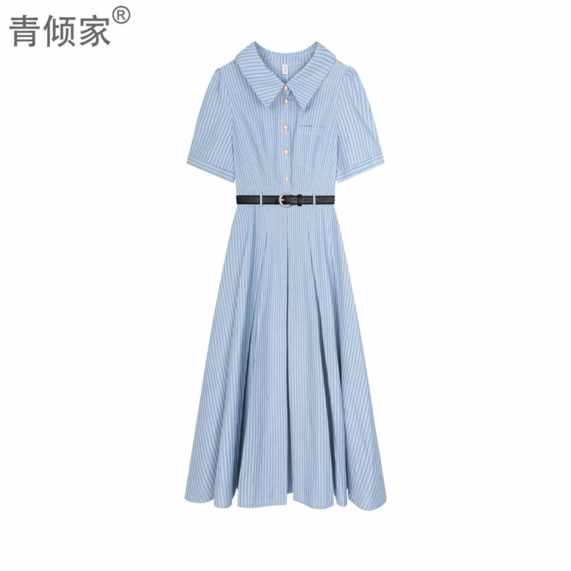 青倾家【浅夏未央】夏季气质polo领甜美学院风蓝色条纹收腰连衣裙