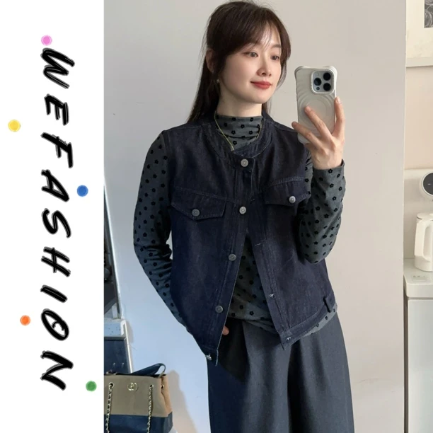 【WE】韩版宽松显瘦百搭复古水洗做旧牛仔马甲