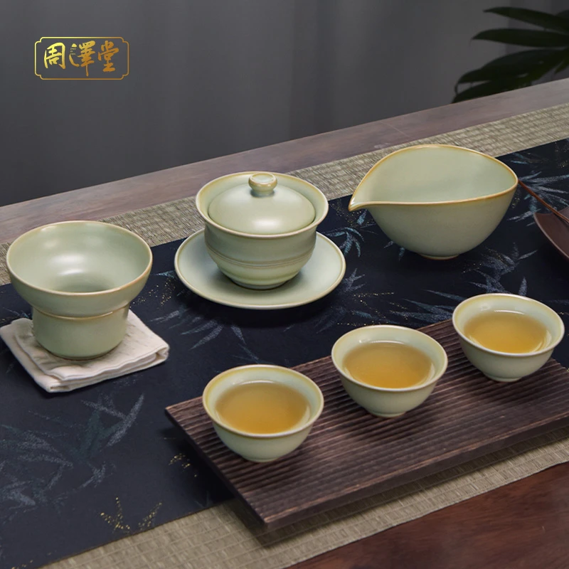 周泽堂汝窑青士茶组景德镇陶瓷茶具套组三才盖碗茶杯开片可养礼盒