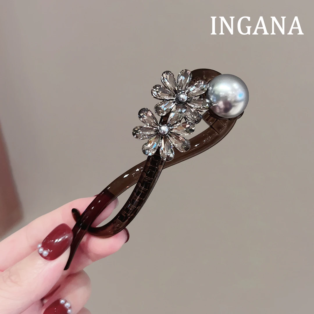 优雅气质珍珠水钻花朵扭扭夹一字发夹后脑勺盘发抓夹头饰发卡女