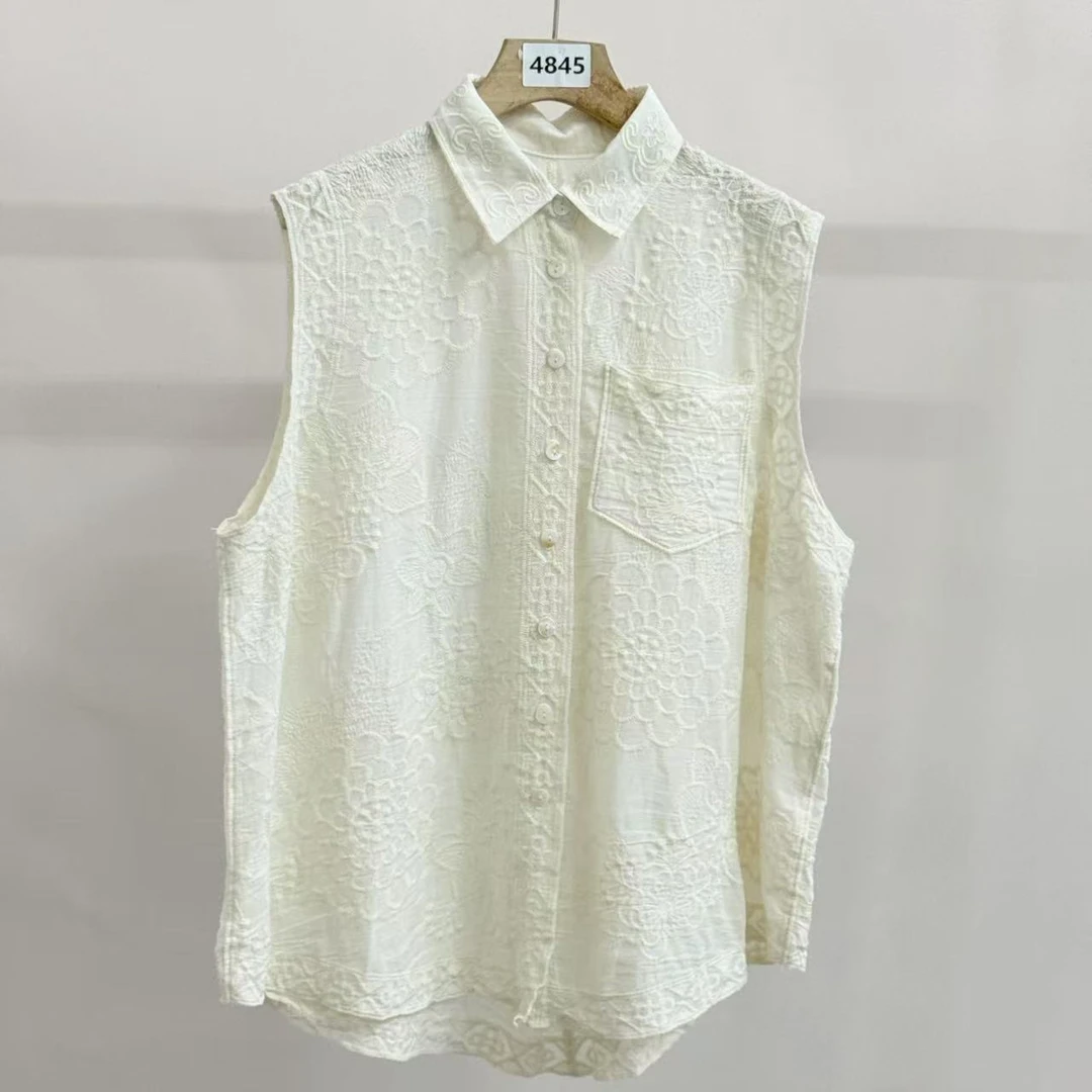4845号8257#韩系单口袋设计蕾丝提花无袖上衣