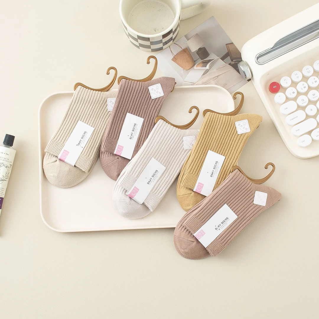 纯棉真双针袜子女中筒袜常规百搭款防臭抗菌吸汗透气无骨中筒袜
