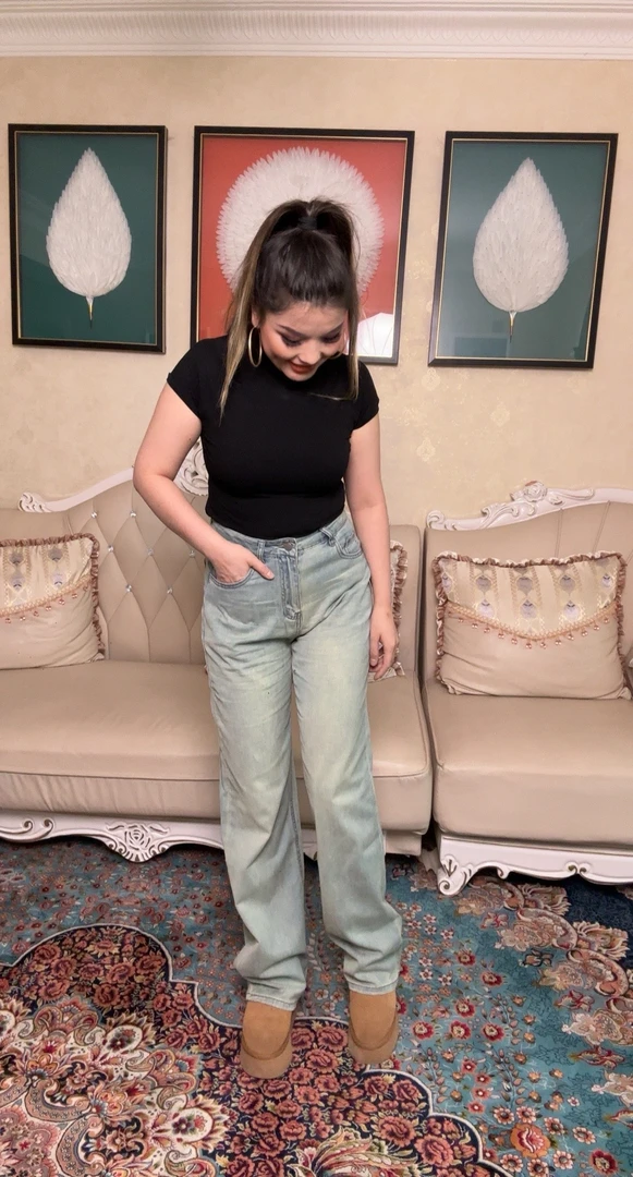 835牛仔裤直筒裤冬季高腰裤子水洗长裤设计师宽松女士复古蓝色