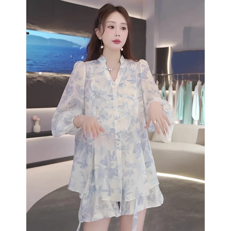 2025夏季新款时尚高级感气质小洋装女印花防晒上衣短裤夏装套女
