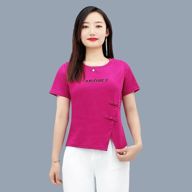 新中式圆领短袖T恤女夏2025新款休闲时尚盘扣开叉洋气减龄上衣