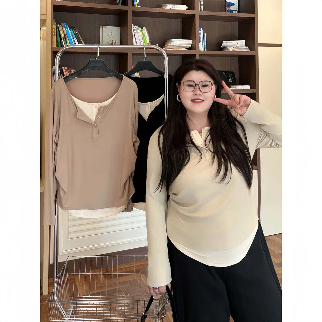 【断码捡漏】大码女装花契200斤正肩T恤设计感假两件针织衫6866-X