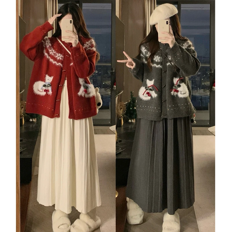 大码胖mm秋冬新款甜美风圣诞雪花毛衣开衫外套高腰半身裙套装女