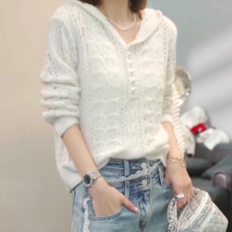 【长春万古】早春新款时尚气质百搭休闲宽松连帽长袖毛衣针织开衫