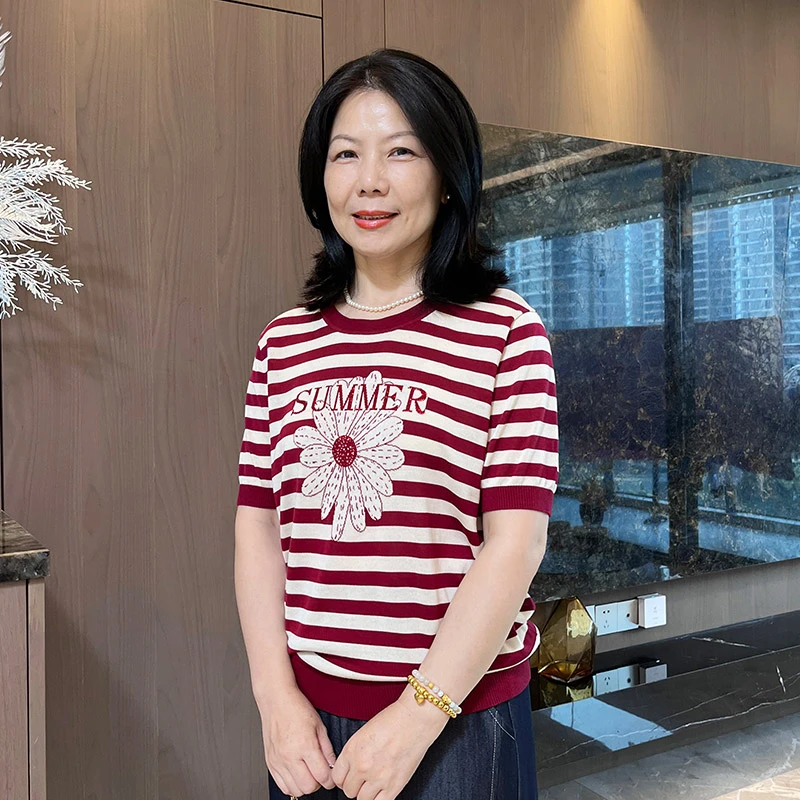 夏季凉爽薄款短袖圆领天丝条纹时尚妈妈日常穿搭套衫T恤A8831