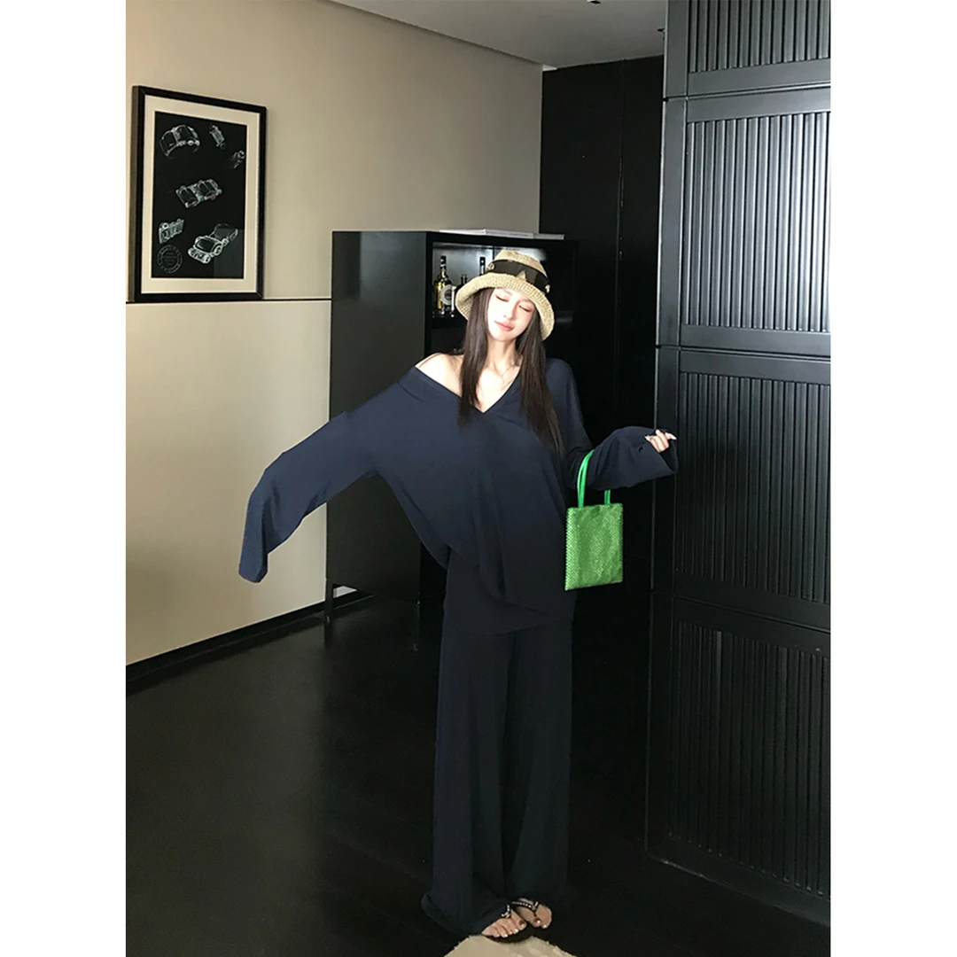 SKKSkk Store 低调老钱 兰精莫代尔V领T恤打底衫直筒休闲裤套装