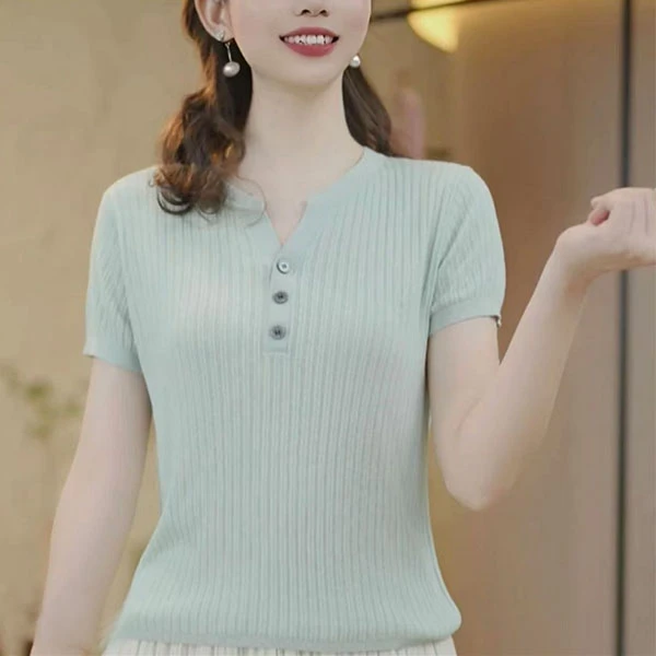 莱赛尔面料高档大气V领设计针织衫妈妈装短袖条纹针织衫上衣大码