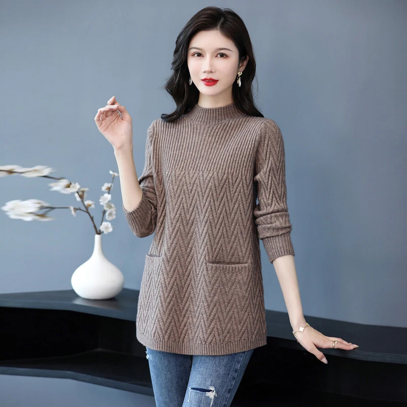 秋冬季半高领保暖时尚气质针织衫女宽松大码遮肚子中长款毛衣裙子