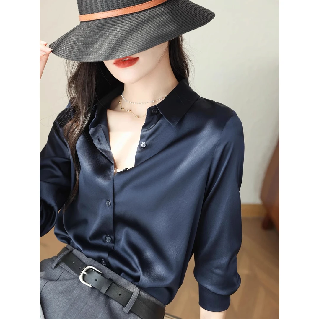2025春季新款缎面衬衫女高级设计感百搭OL风宽松长袖醋酸通勤上衣