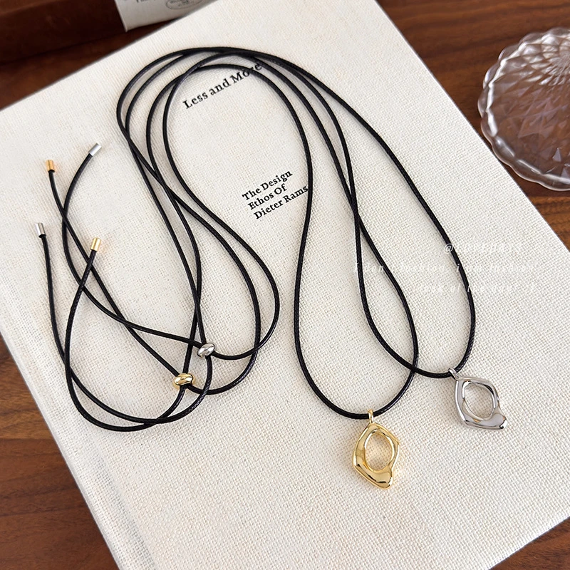 铜陶瓷项链 简约几何金属吊坠项链蜡绳百搭时尚镂空水滴长款绳式