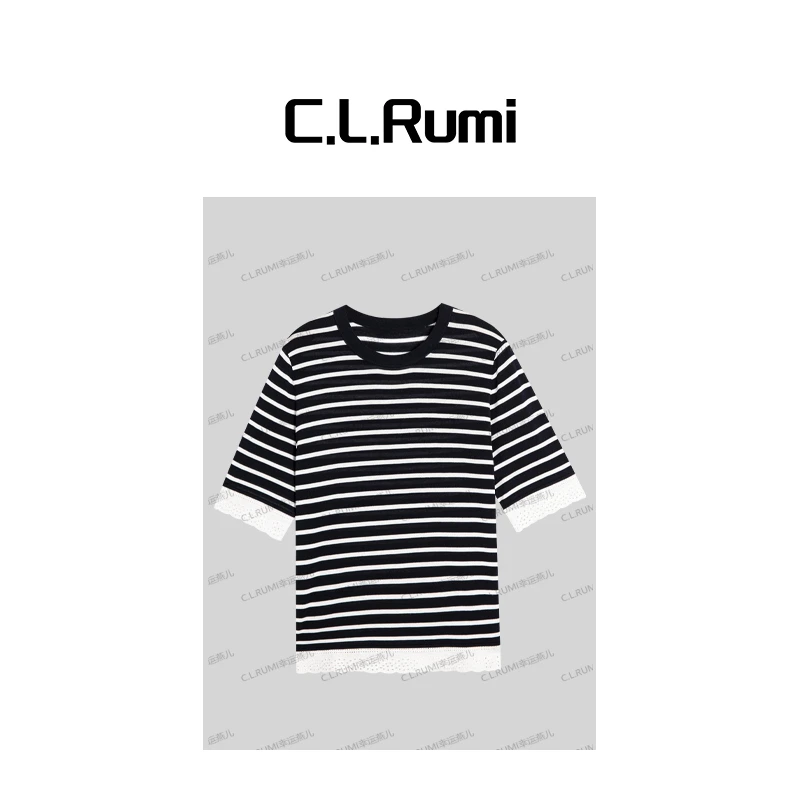 【Rumi小店】“莉莉安“ 25琎口欧麻夏小众条纹蕾丝显瘦短袖T恤6832sy