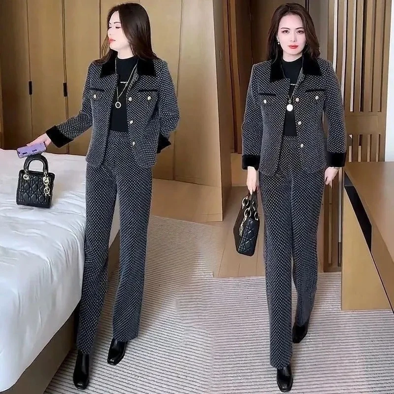 小香风时尚套装女2025春季新款气质加厚外套阔腿裤两件套妈妈装