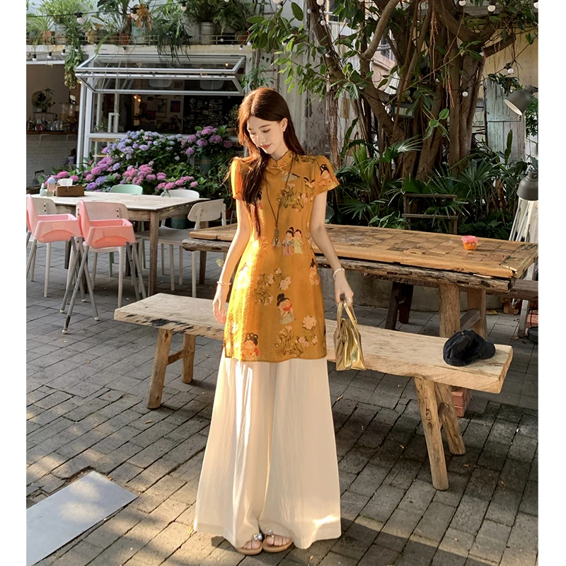 新中式国风休闲套装印花衬衫高级感宽松气质旗袍高腰阔腿裤两件套