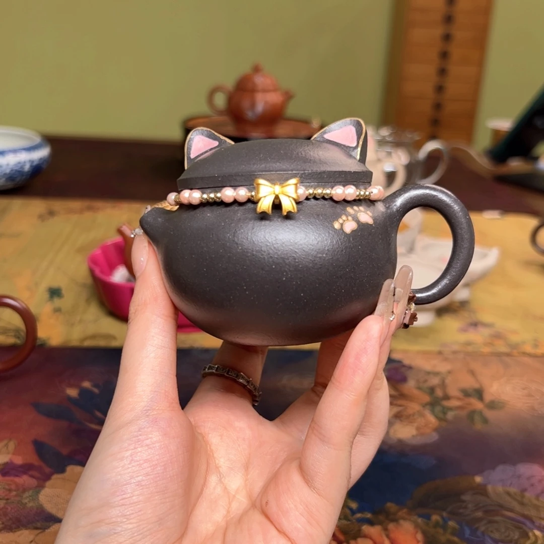 紫砂茶壶黑金猫咪 天青泥焐灰 135ml