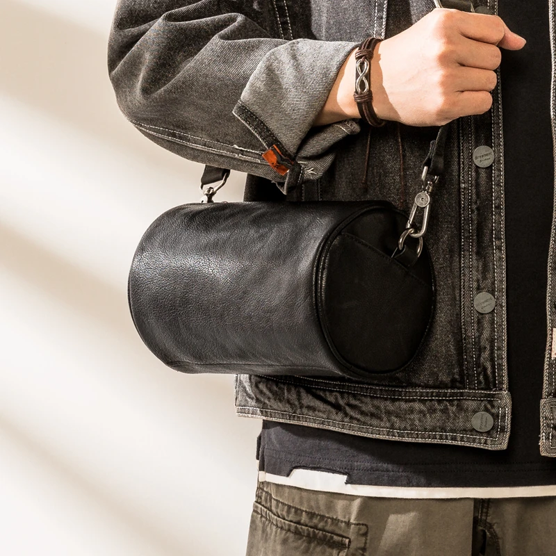 2025新款真皮斜挎包男头层牛皮时尚个性单肩包女潮牌百搭圆筒小包