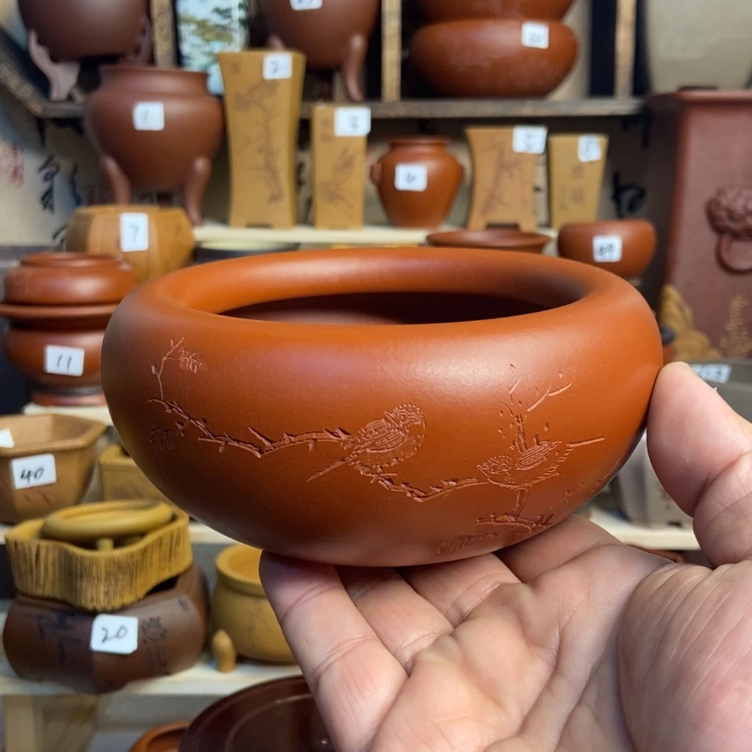 紫砂花盆孙伟手拉胚带刻绘，内口经尺寸9.5×5